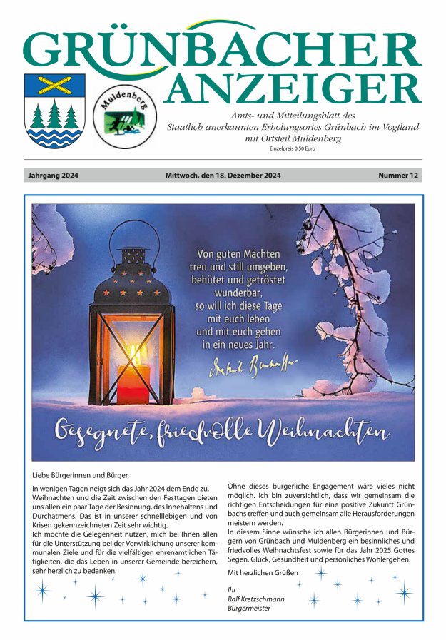 Grünbacher Anzeiger - Amts- und Mitteilungsblatt Titelblatt 12/2024