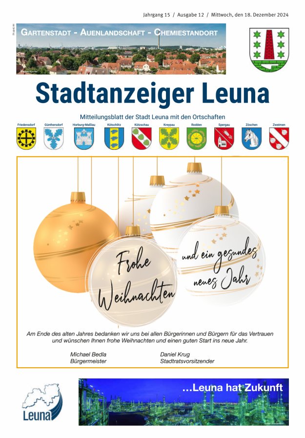 Stadtanzeiger – Mitteilungsblatt der Stadt Leuna mit den Ortschaften Titelblatt 12/2024