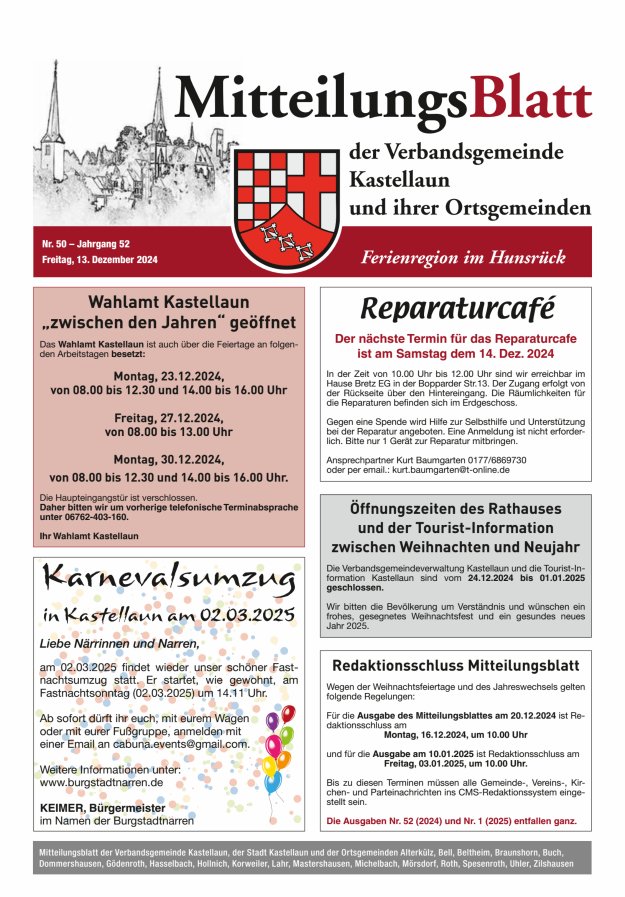 Mitteilungsblatt Kastellaun Titelblatt 50/2024