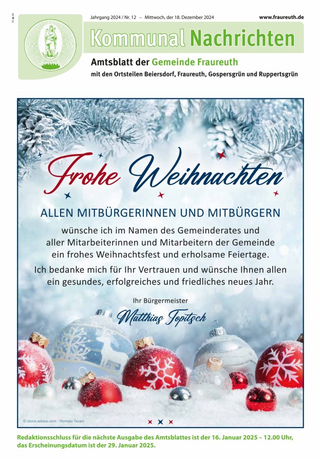 Kommunal-Nachrichten der Gemeinde Fraureuth Titelblatt 12/2024