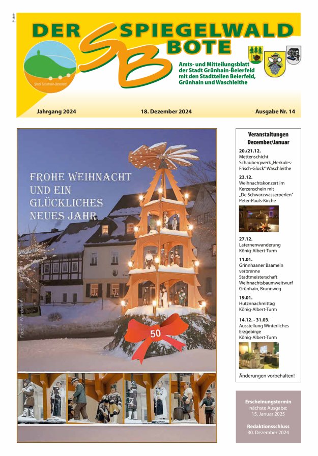 Der Spiegelwaldbote - Amts- und Mitteilungsblatt der Gemeinde Grünhain-Beierfeld  Titelblatt 14/2024