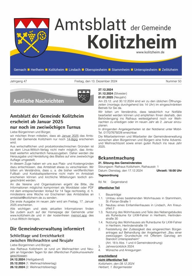 Amtsblatt der Gemeinde Kolitzheim Titelblatt 50/2024