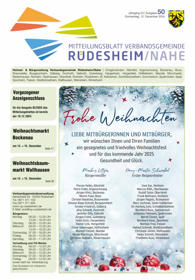 Mitteilungsblatt Verbandsgemeinde Rüdesheim und zugehörige Ortsgemeinden Titelblatt 50/2024