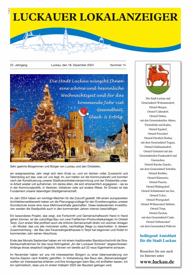 Luckauer Lokalanzeiger (beiliegend Amtsblatt für die Stadt Luckau) Titelblatt 16/2024
