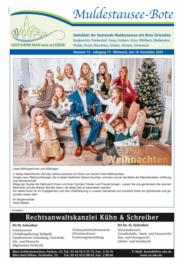 Muldestausee-Bote – Amtsblatt der Gemeinde Muldestausee mit ihren Ortsteilen Titelblatt 12/2024