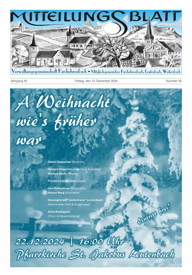 Mitteilungsblatt Verwaltungsgemeinschaft Kirchehrenbach Titelblatt 50/2024