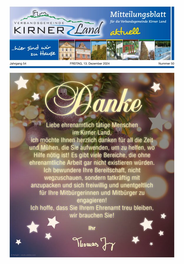 Mitteilungsblatt für den Bereich der Verbandsgemeinde Kirner Land Titelblatt 50/2024