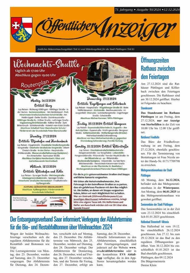 Öffentlicher Anzeiger - Stadt Püttlingen Titelblatt 50/2024