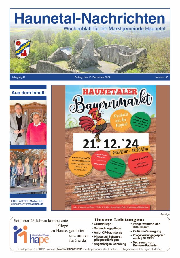 Haunetal-Nachrichten Titelblatt 50/2024