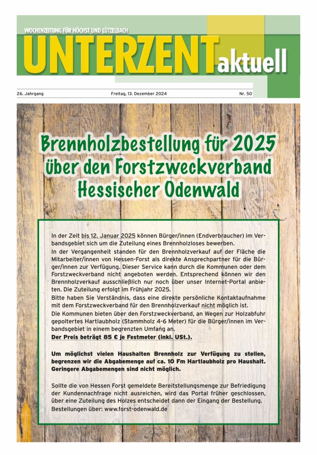 Unterzent aktuell Wochenzeitung für Höchst und Lützelbach Titelblatt 50/2024