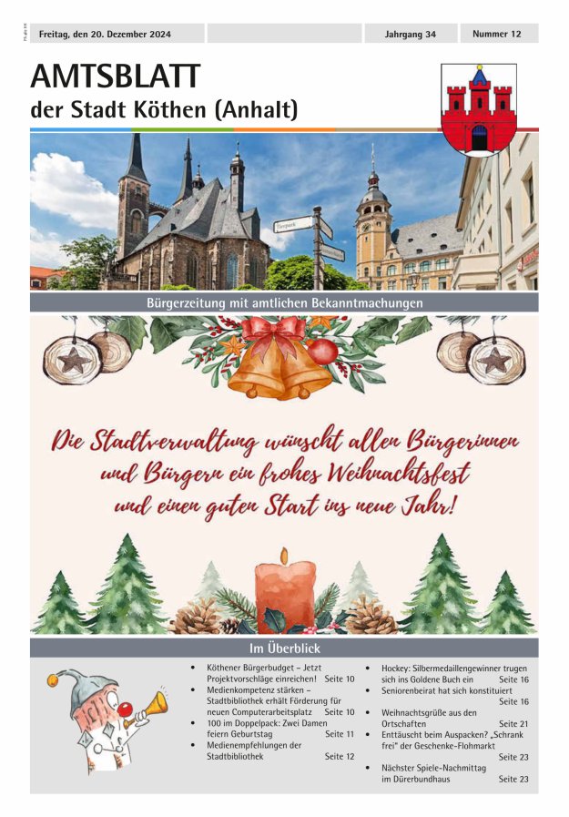 Amtsblatt der Stadt Köthen (Anhalt) – Bürgerzeitung mit amtlichen Bekanntmachungen Titelblatt 12/2024