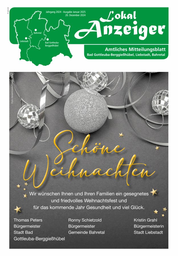 Lokal-Anzeiger - Amtliches Mitteilungsblatt Bad Gottleuba-Berggießhübel, Liebstadt, Bahretal Titelblatt 12/2024