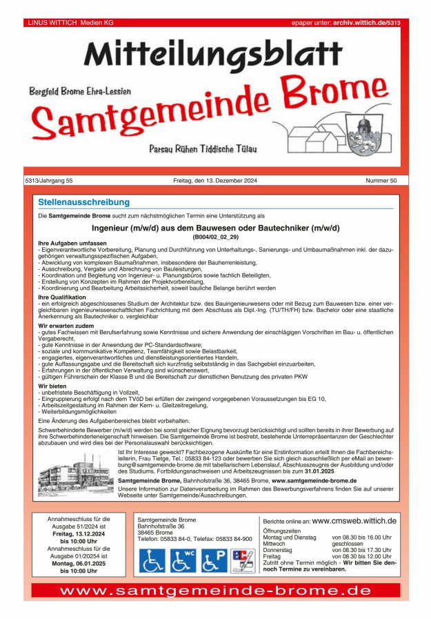 Mitteilungsblatt der Samtgemeinde Brome Titelblatt 50/2024