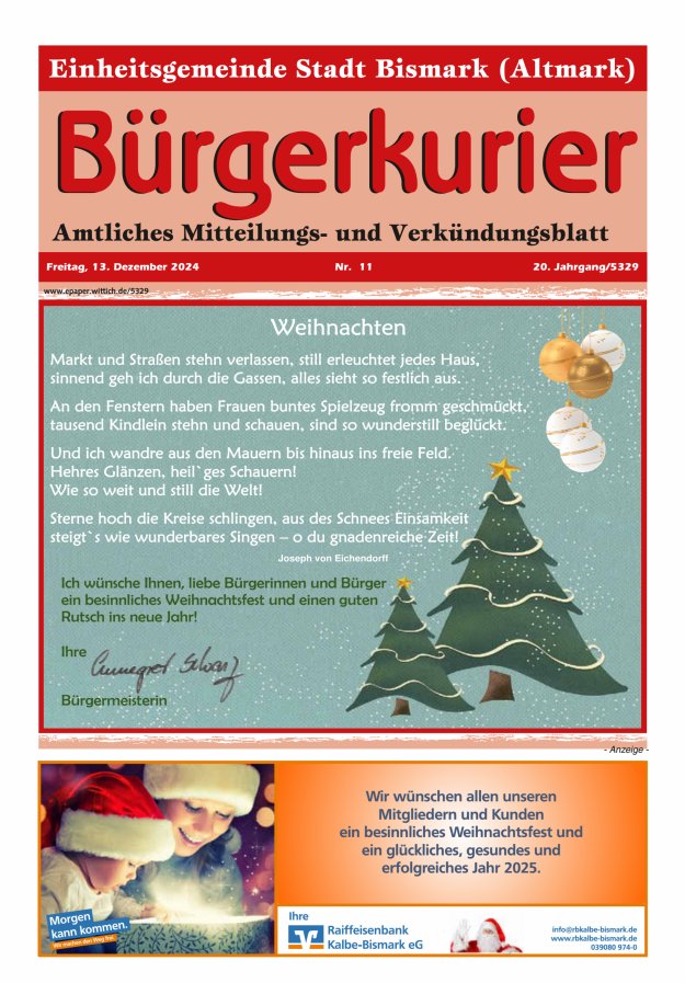Bürgerkurier der Einheitsgemeinde Stadt Bismark (Altmark) Titelblatt 11/2024