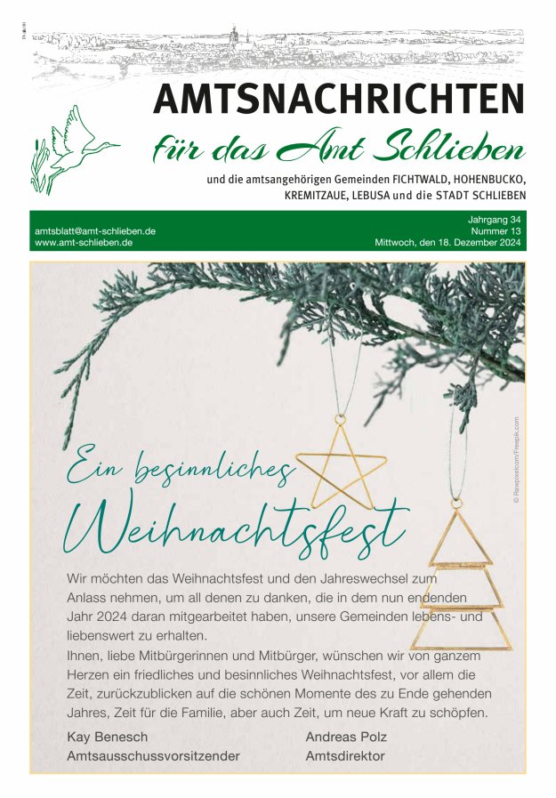 Amtsnachrichten – Amtsblatt für das Amt Schlieben und die amtsangehörigen Gemeinden Titelblatt 13/2024