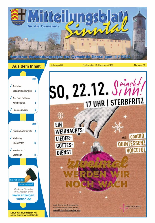 Mitteilungsblatt für die Gemeinde Sinntal Titelblatt 50/2024