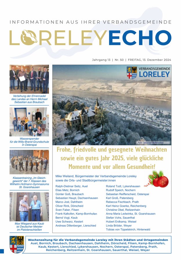 Loreley-Echo - Mitteilungsblatt der Verbandsgemeinde Loreley (Braubach) Titelblatt 50/2024