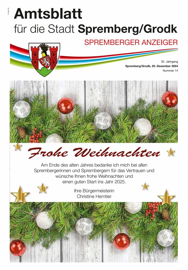 Amtsblatt für die Stadt Spremberg/Grodk – Spremberger Anzeiger Titelblatt 14/2024