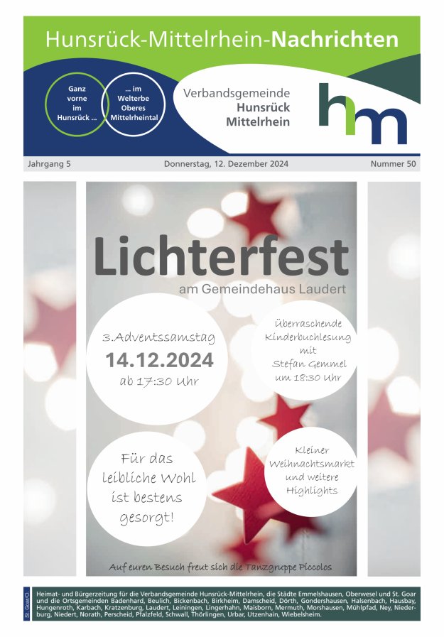 Hunsrück-Mittelrhein Nachrichten Ausgabe St Goar Oberwesel Titelblatt 50/2024