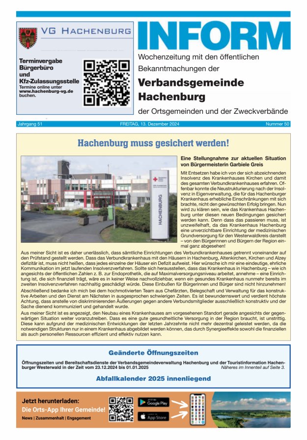 INFORM - Wochenzeitung der Verbandsgemeinde Hachenburg Titelblatt 50/2024