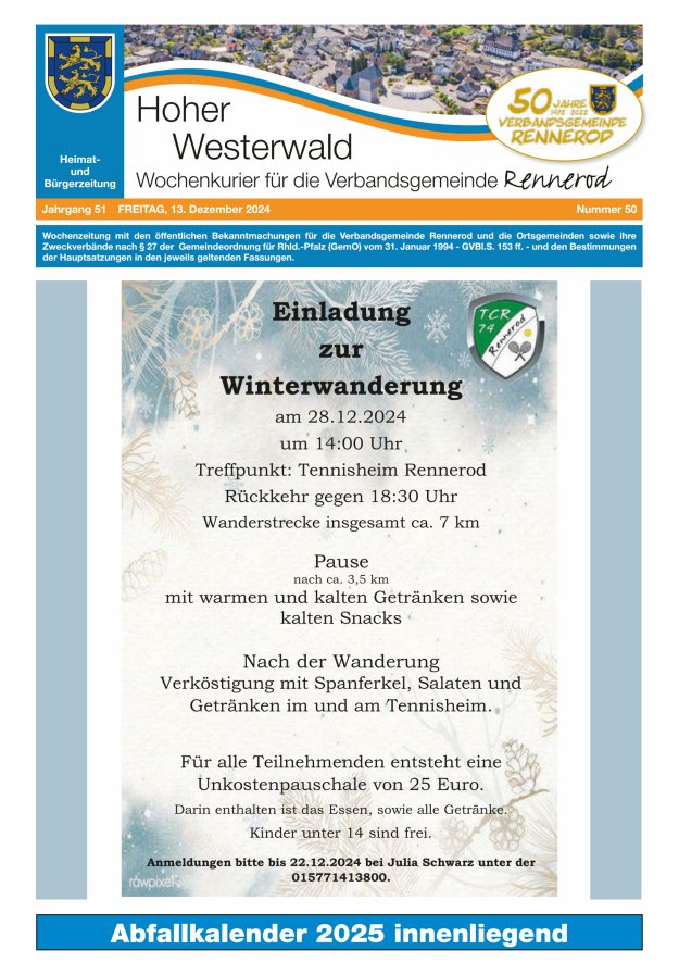 Hoher Westerwald - Wochenkurier für die Verbandsgemeinde Rennerod Titelblatt 50/2024