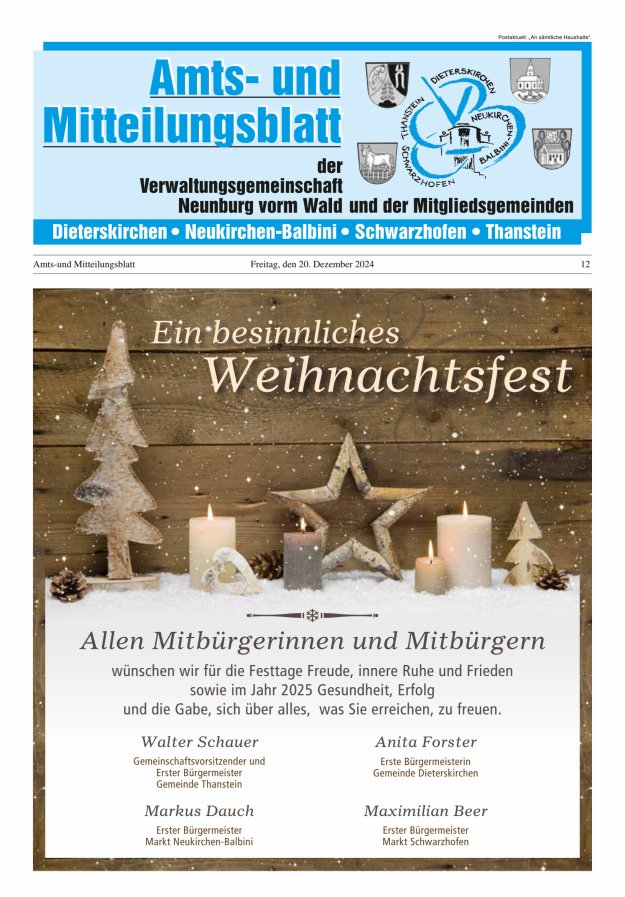 Amts- u Mitteilungsblatt der VG Neunburg vorm Wald u d Mitgliedsgemeinden Titelblatt 12/2024
