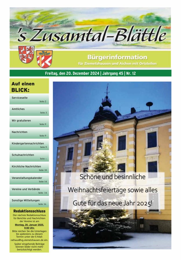 's Zusamtal-Blättle Bürgerinformationen für Ziemetshausen und Aichen mit OTen Titelblatt 12/2024