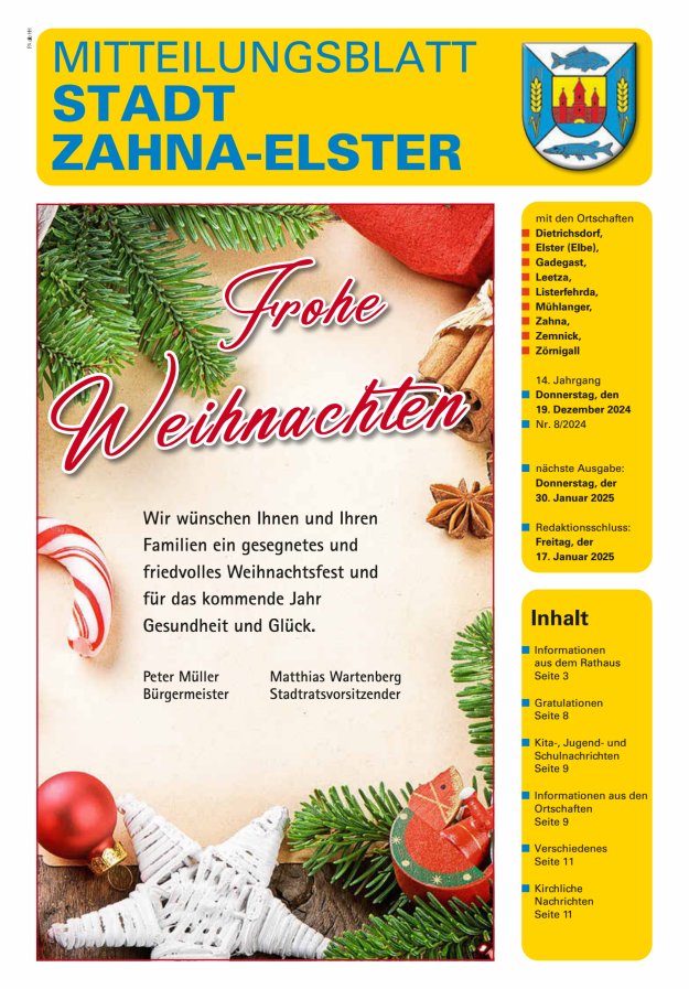 Mitteilungsblatt Stadt Zahna-Elster mit den Ortschaften Titelblatt 08/2024