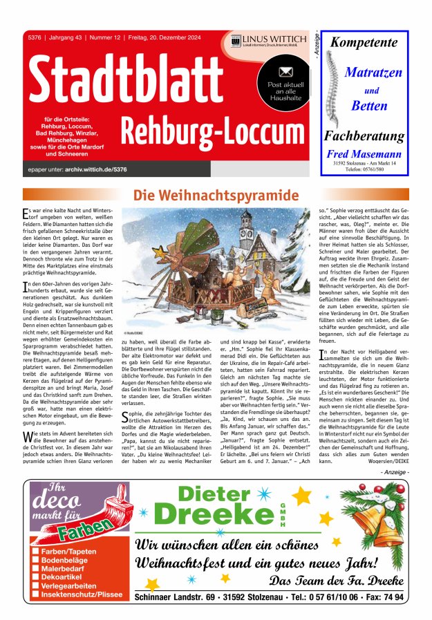Stadtblatt Rehburg-Loccum Titelblatt 12/2024