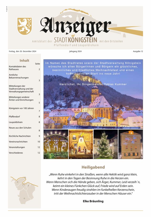 Amtsblatt der Stadt Königstein Titelblatt 12/2024