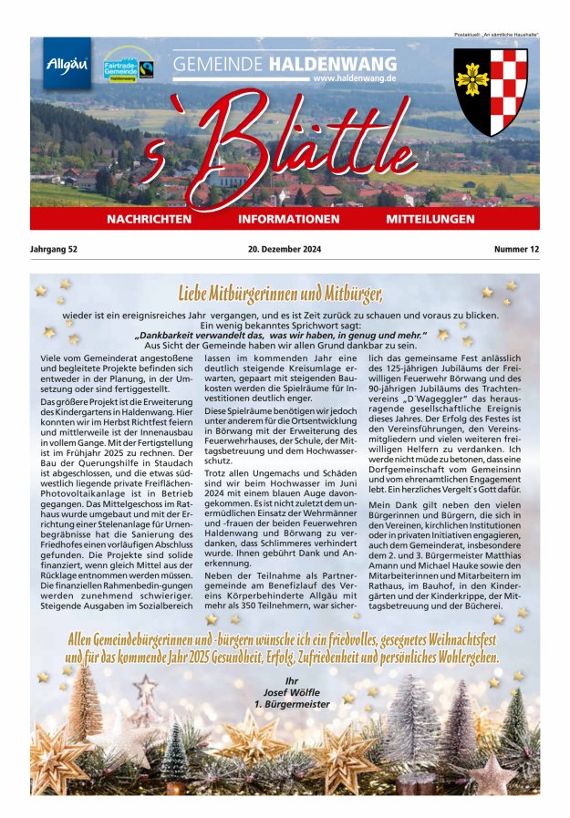 sBlättle der Gemeinde Haldenwang Titelblatt 12/2024