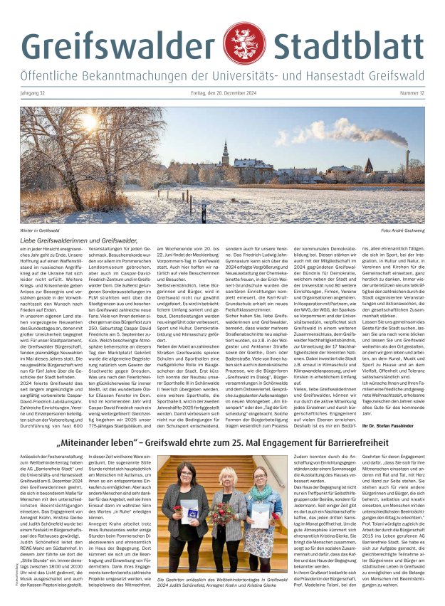 Greifswalder Stadtblatt Titelblatt 12/2024