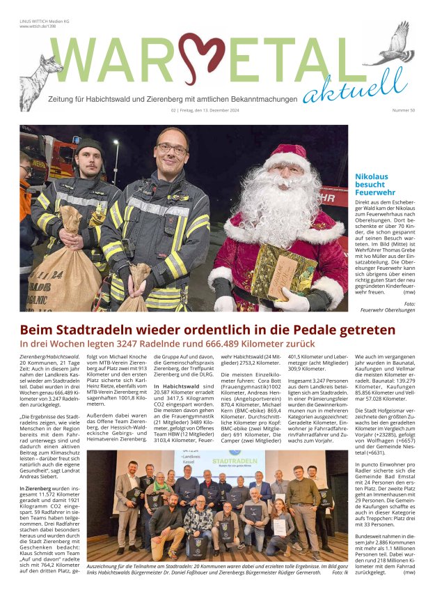 Warmetal aktuell (Habichtswald + Zierenberg) Titelblatt 50/2024
