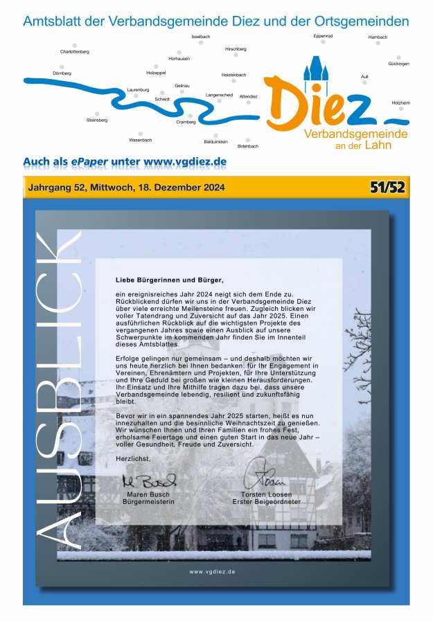 Mitteilungsblatt der Verbandsgemeinde Diez und der Ortsgemeinden Titelblatt 51/2024