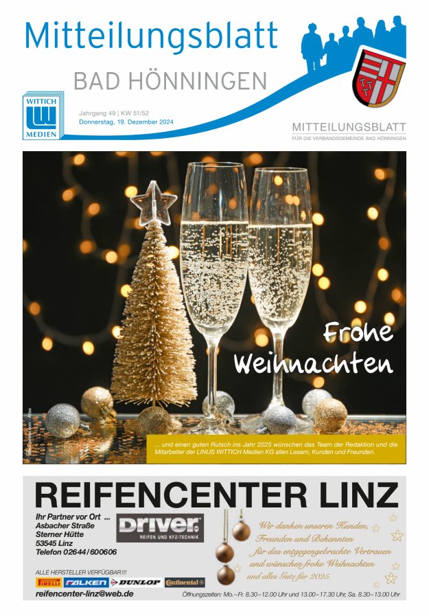 Mitteilungsblatt für den Bereich der Verbandsgemeinde Bad Hönningen Titelblatt 51/2024
