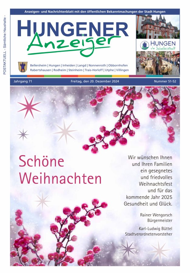 Anzeigen- und Nachrichtenblatt mit den öff  Bekanntmachungen der Stadt Hungen Titelblatt 51/2024