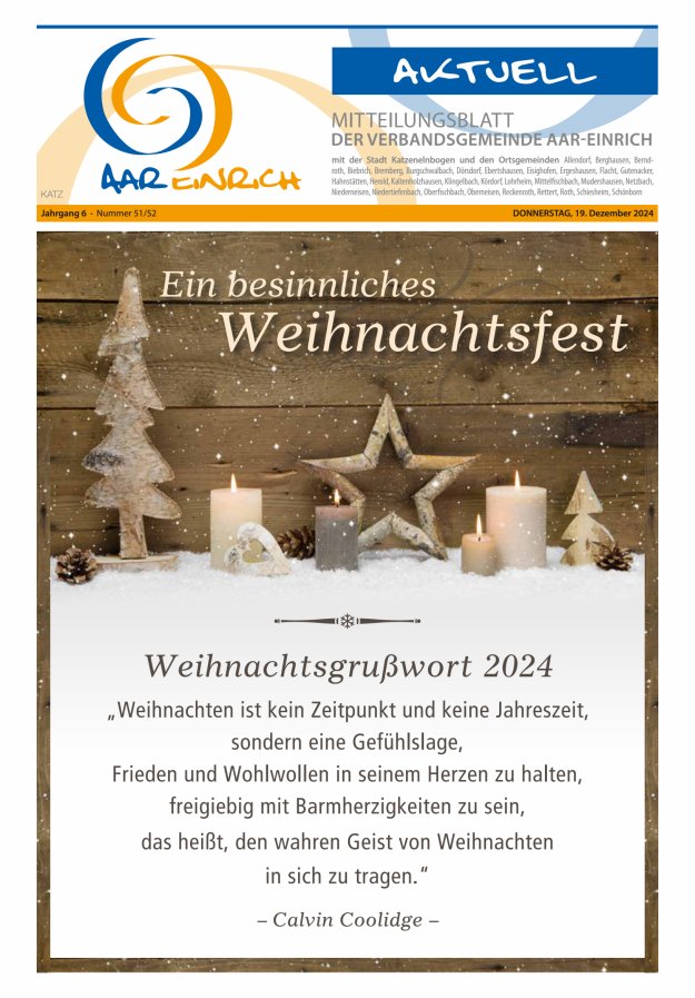 Mitteilungsblatt der Verbandsgemeinde Aar-Einrich Ausgabe Katzenelnbogen Titelblatt 51/2024