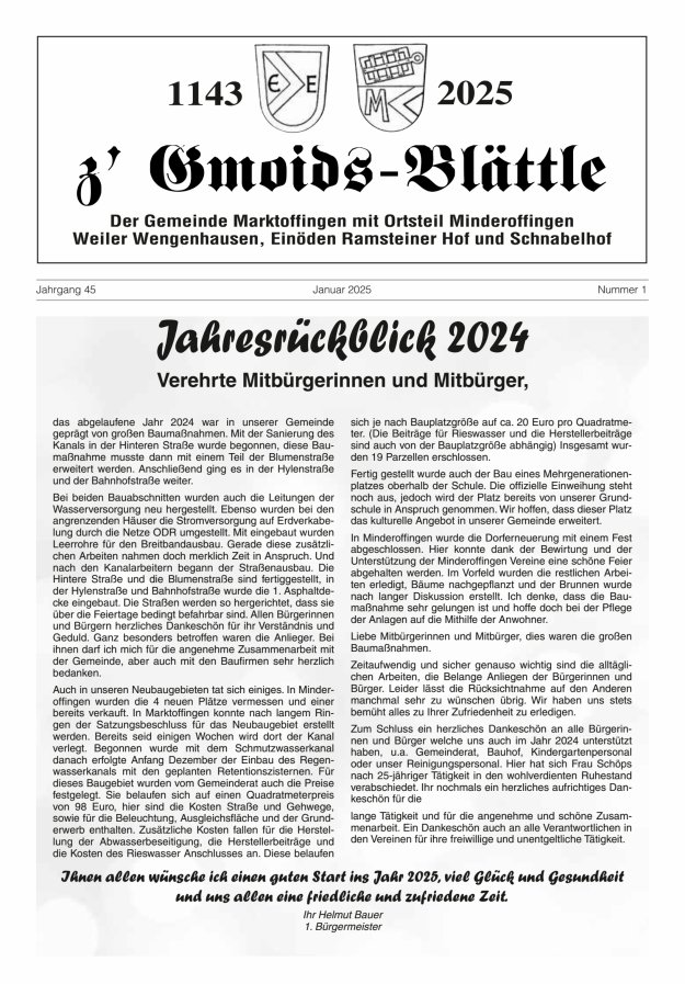 z'Gmoids-Blättle der Gemeinde Marktoffingen mit Ortsteilen Titelblatt 01/2025