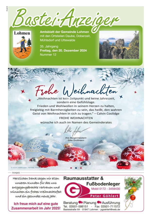 Bastei-Anzeiger - Amtsblatt der Gemeinde Lohmen mit den Ortsteilen Titelblatt 12/2024