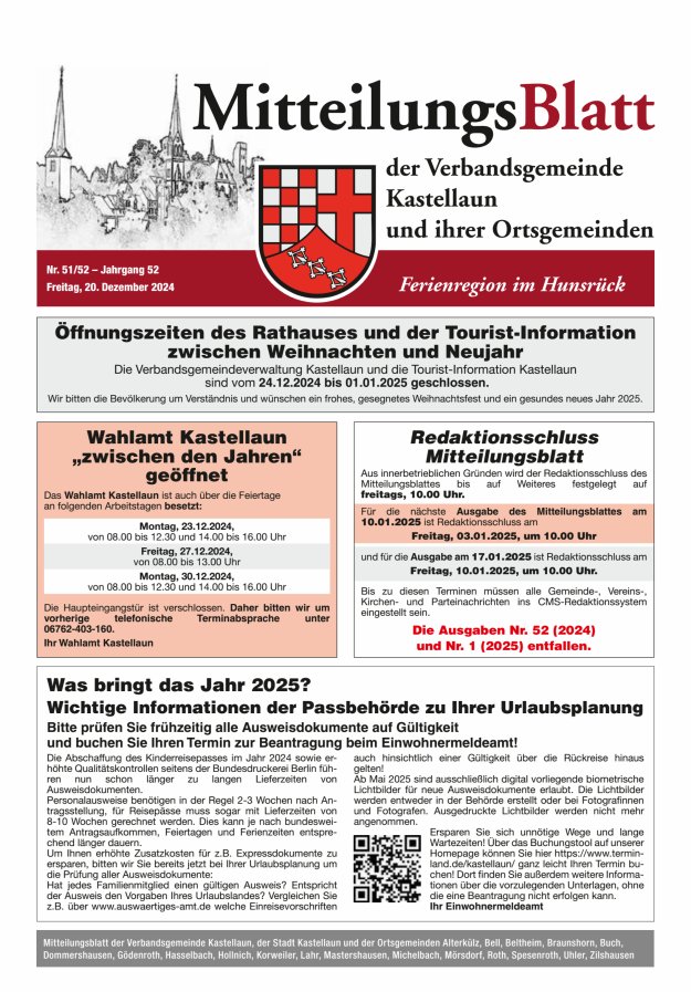 Mitteilungsblatt Kastellaun Titelblatt 51/2024