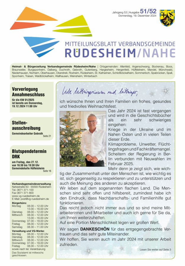 Mitteilungsblatt Verbandsgemeinde Rüdesheim und zugehörige Ortsgemeinden Titelblatt 51/2024