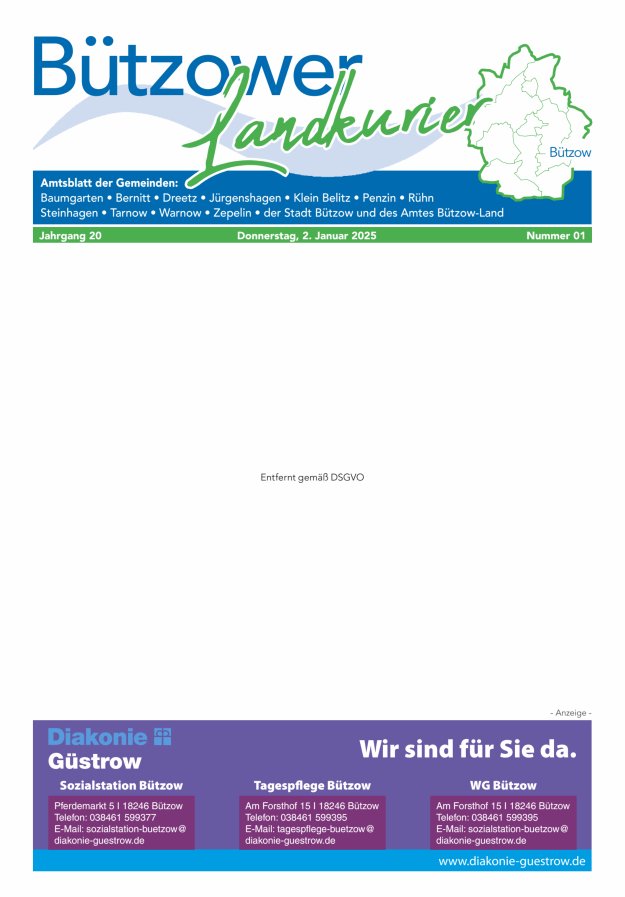 Bützower Landkurier Titelblatt 01/2025