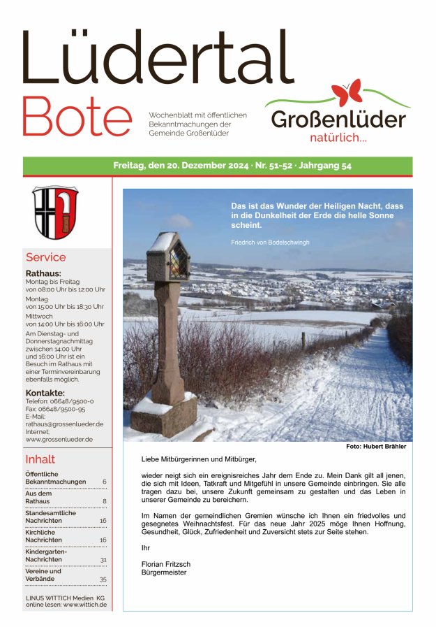 Wochenblatt mit öffentlichen Bekanntmachungen der Gemeinde Großenlüder Titelblatt 51/2024
