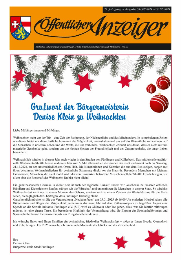 Öffentlicher Anzeiger - Stadt Püttlingen Titelblatt 51/2024