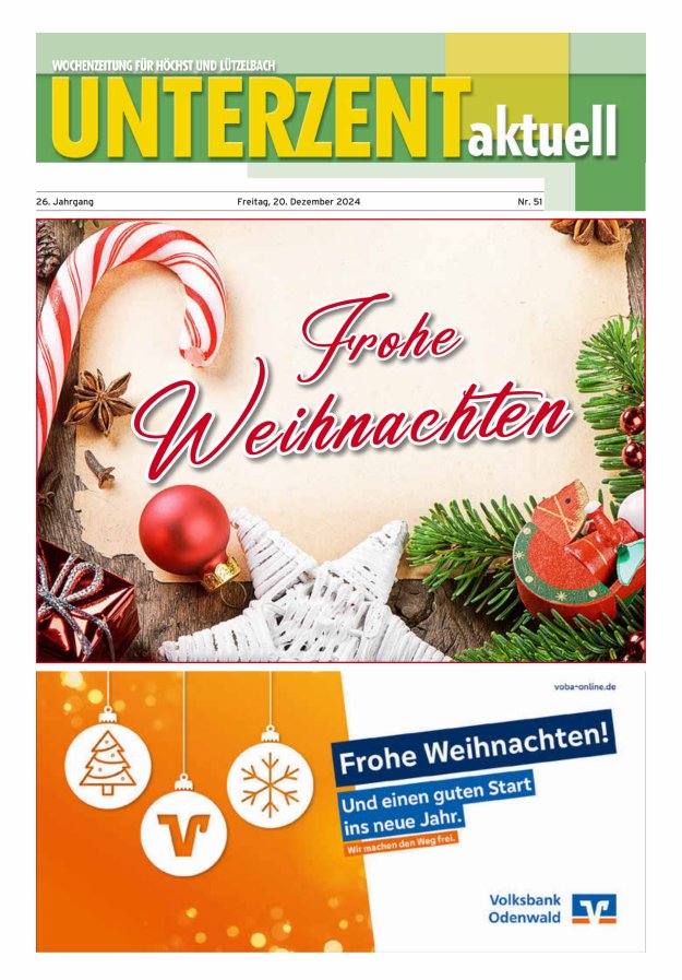 Unterzent aktuell Wochenzeitung für Höchst und Lützelbach Titelblatt 51/2024
