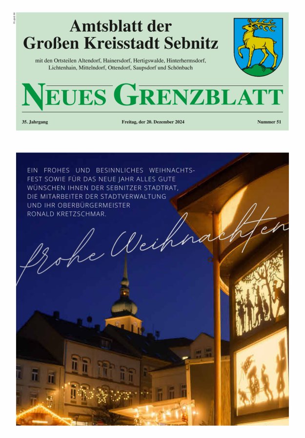 Amtsblatt der Großen Kreisstadt Sebnitz mit den Ortsteilen Titelblatt 51/2024