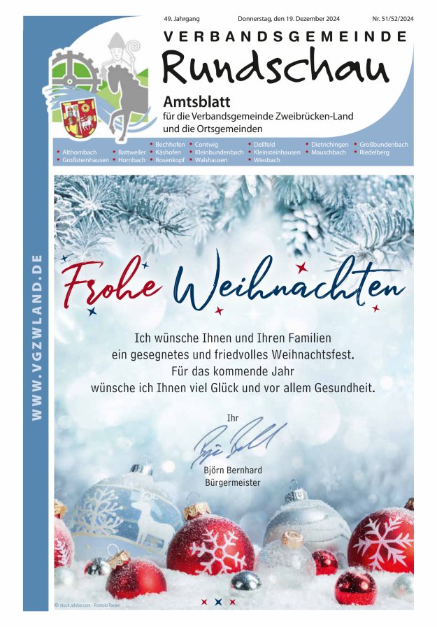 Verbandsgemeinde Rundschau Zweibrücken-Land Titelblatt 51/2024
