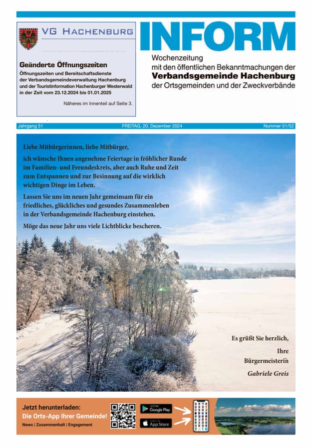 INFORM - Wochenzeitung der Verbandsgemeinde Hachenburg Titelblatt 51/2024