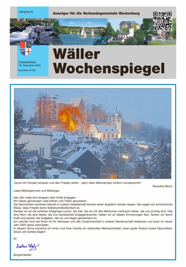 Wäller Wochenspiegel - Anzeiger für die Verbandsgemeinde Westerburg Titelblatt 51/2024