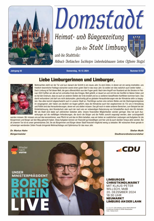 Domstadt - Heimat- und Bürgerzeitung für die Stadt Limburg Titelblatt 51/2024